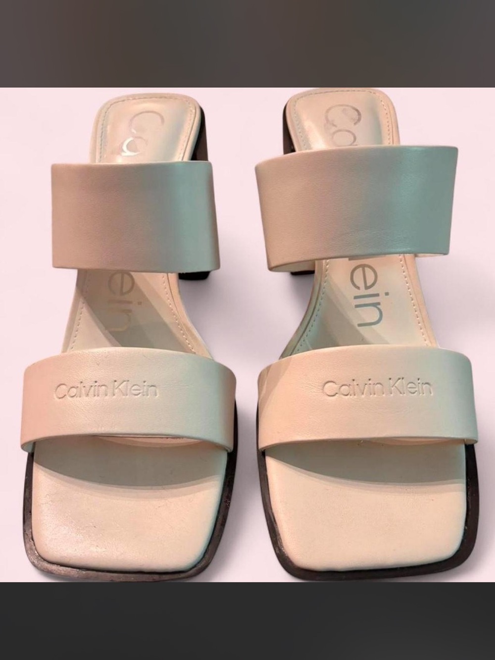 Calvin Klein Cream Leather Double-Band Slide Mules